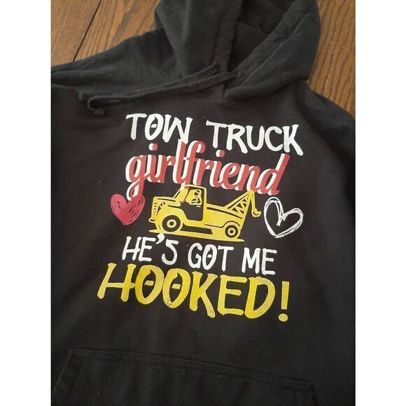 Large Tow Truck Girlfriend Got Me Hooked Long Sleeve Pullover Hoodie Sweatshirt - Picture 2 of 4